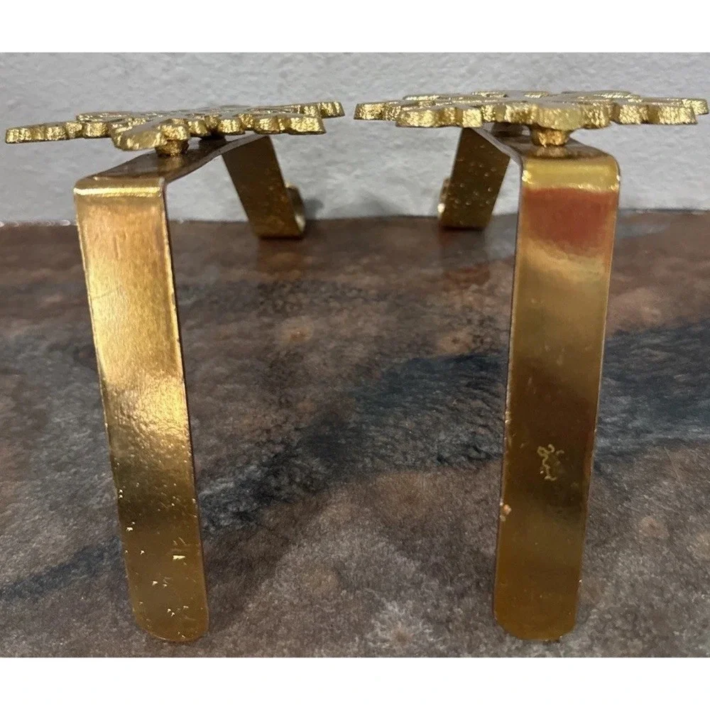 Brass Snowflake Christmas Stocking Holders Mantel Hooks Set of 2 Gold Tone